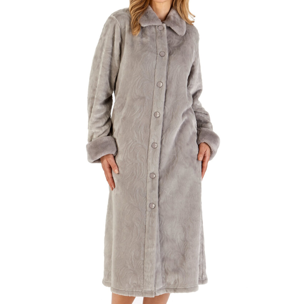 (Grey, Medium - UK 12/14) Slenderella Ladies Button Up Faux Fur Collar Fleece Dressing Gown