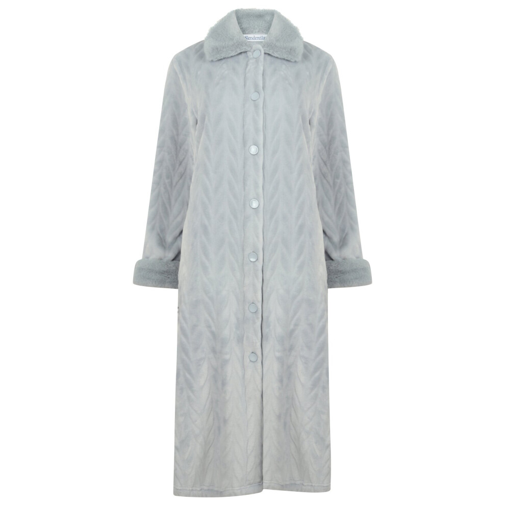 (Grey, Extra Large - UK 20/22) Slenderella Ladies Faux Fur Collar Button Up Fleece Dressing Gown