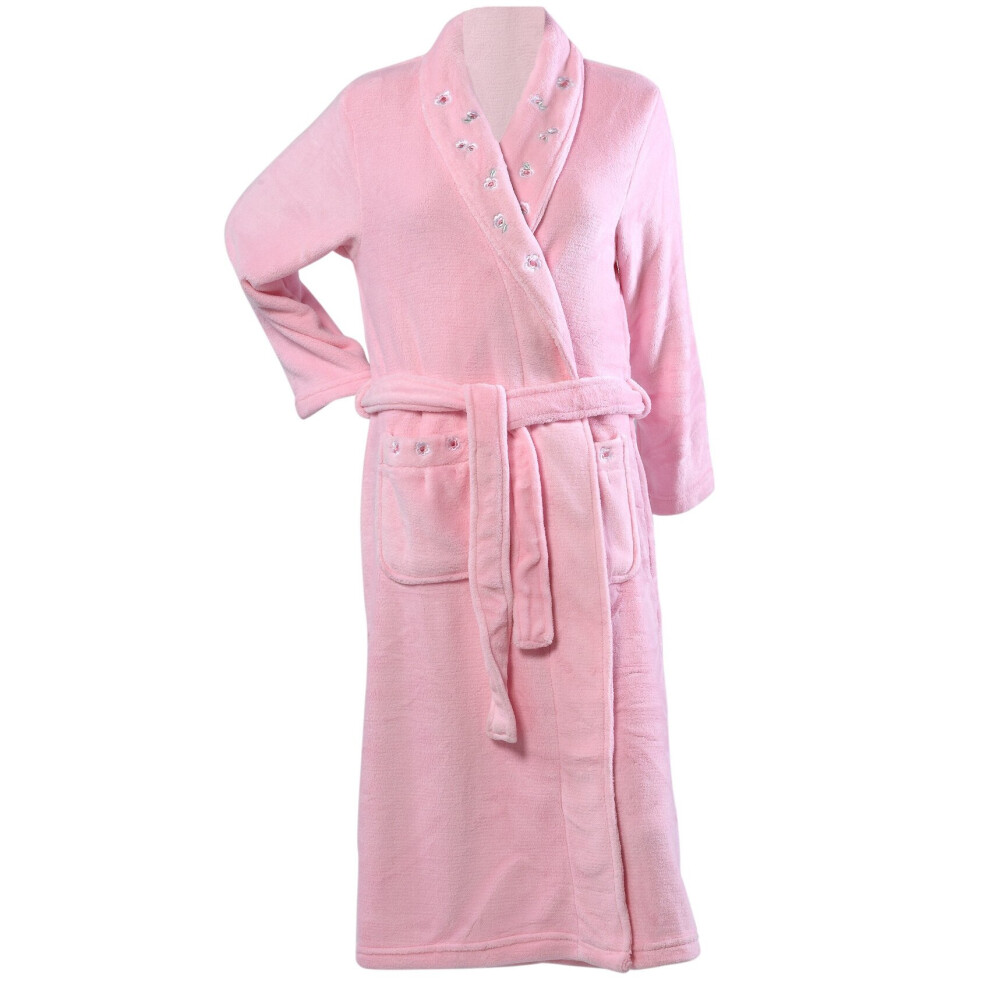 (Pink, Medium - UK 12/14) Slenderella Ladies Fleece Shawl Collar Floral Embroidery Dressing Gown