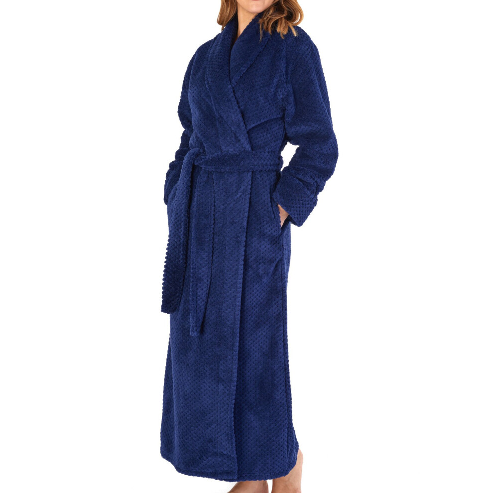 (Navy, Medium - UK 12/14) Slenderella Ladies Waffle Fleece Shawl Collar Long Dressing Gown