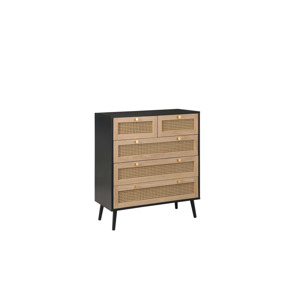 Black Chest of 5 Drawers Rattan Birlea Croxley Mid Century Modern