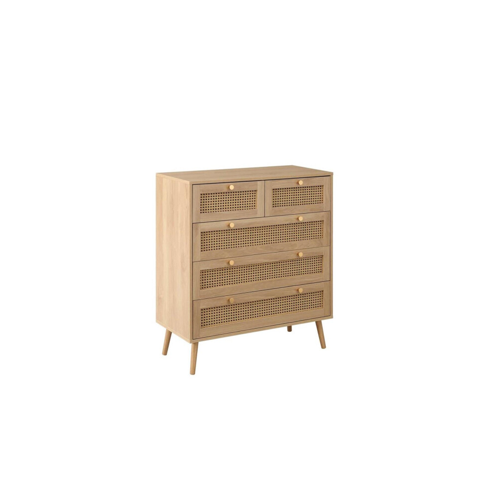 Brown Oak Chest of 5 Drawers Rattan Birlea Croxley Mid Century Modern