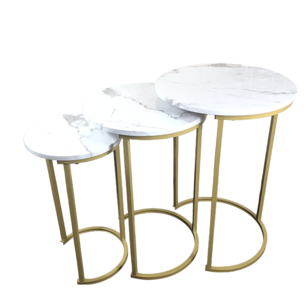 (White) Set of 3 Round Marble Look MDF Steel Nesting Side Coffee Corner Stacking Tables 2 Colours