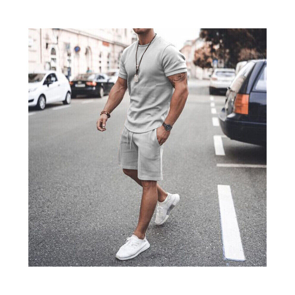 (Grey, L) Men"s Summer Outfit 2-Piece Set T Shirts Shorts-image-OPC-PBH5VSD-NEW