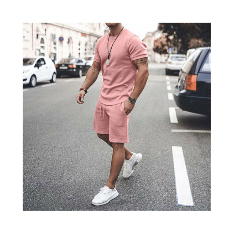 (Pink, 4XL) Men"s Summer Outfit 2-Piece Set T Shirts Shorts-image-OPC-PBH5VS9-NEW