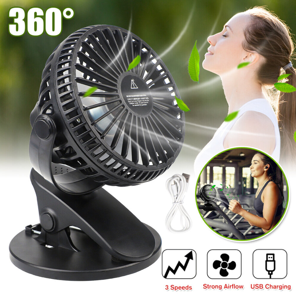 360Â° Mini Car Fan Travel Clip On Desk Fan 3 Speeds USB Rechargeable