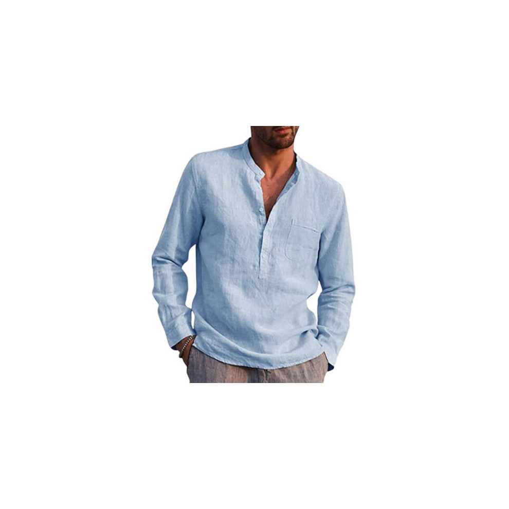 (Light Blue, XL) Mens Long Sleeve Cotton Linen Henley Shirt Solid Button Pullover T Shirt Blouse