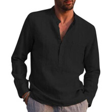 (Black, M) Mens Long Sleeve Cotton Linen Henley Shirt Solid Button Pullover T Shirt Blouse