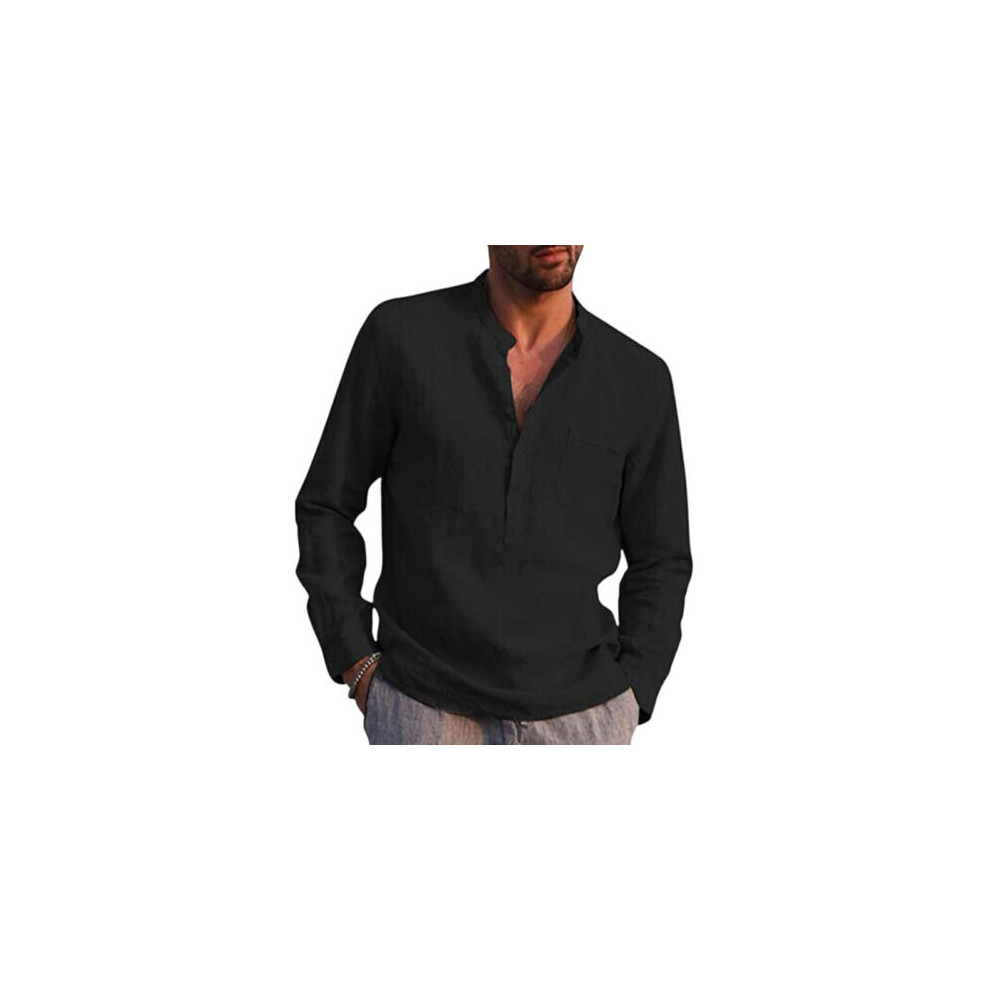 (Black, M) Mens Long Sleeve Cotton Linen Henley Shirt Solid Button Pullover T Shirt Blouse