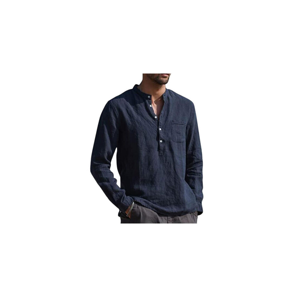 (Navy Blue, 3XL) Mens Long Sleeve Cotton Linen Henley Shirt Solid Button Pullover T Shirt Blouse