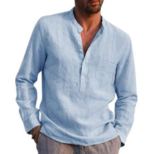 (Light Blue, 3XL) Mens Long Sleeve Cotton Linen Henley Shirt Solid Button Pullover T Shirt Blouse