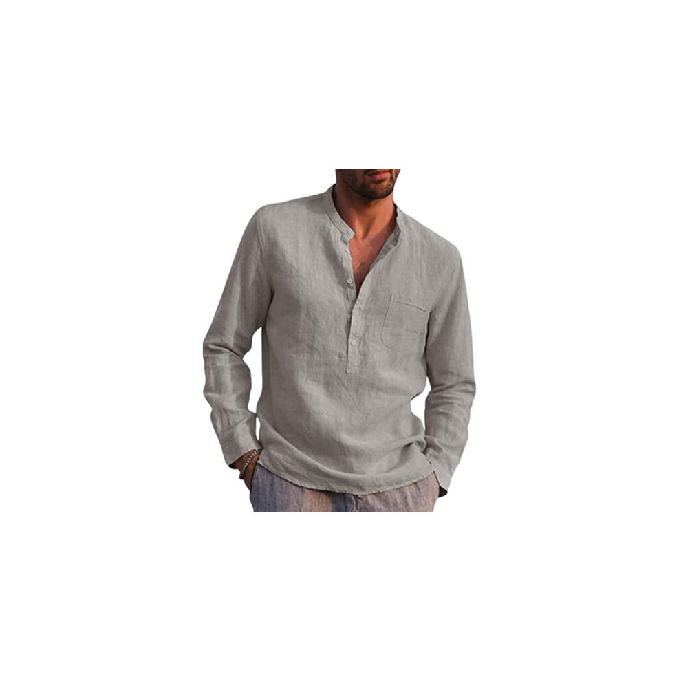 (Grey, XL) Mens Long Sleeve Cotton Linen Henley Shirt Solid Button Pullover T Shirt Blouse