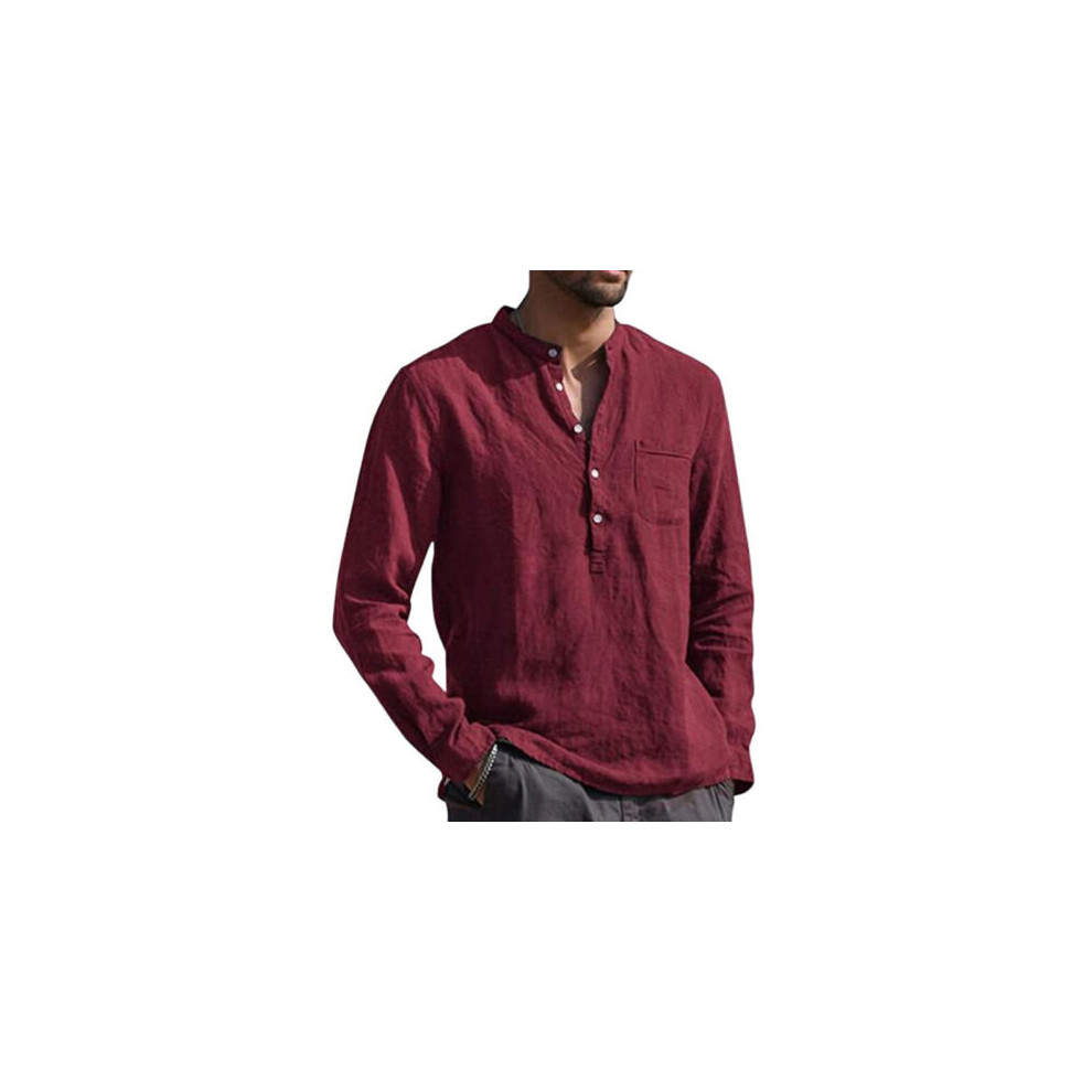 (Claret, M) Mens Long Sleeve Cotton Linen Henley Shirt Solid Button Pullover T Shirt Blouse