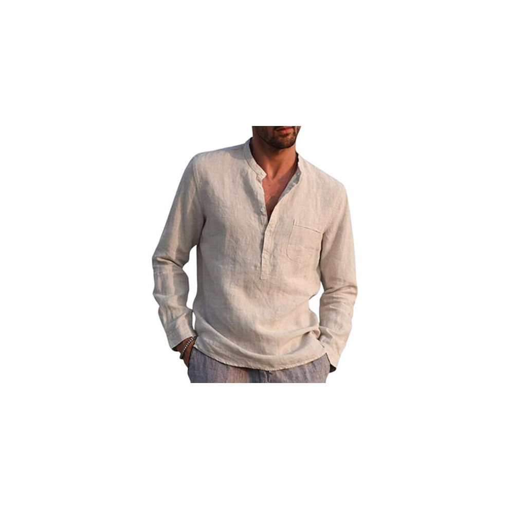 (Khaki, 3XL) Mens Long Sleeve Cotton Linen Henley Shirt Solid Button Pullover T Shirt Blouse