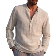 (Khaki, L) Mens Long Sleeve Cotton Linen Henley Shirt Solid Button Pullover T Shirt Blouse