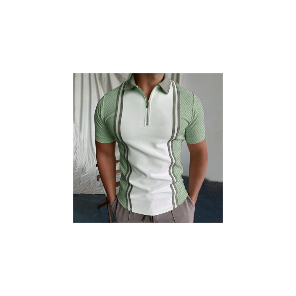 (Green, XL) Mens Zipper Neck Short Sleeve Polo Shirt Summer Casual Sport Golf Tops T Shirts