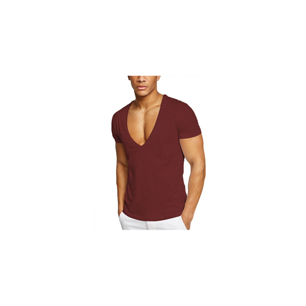 (Wine Red, 2XL) 100% Cotton Mens Short Sleeve V Neck T Shirt Casual Solid Night Club Dance Tops