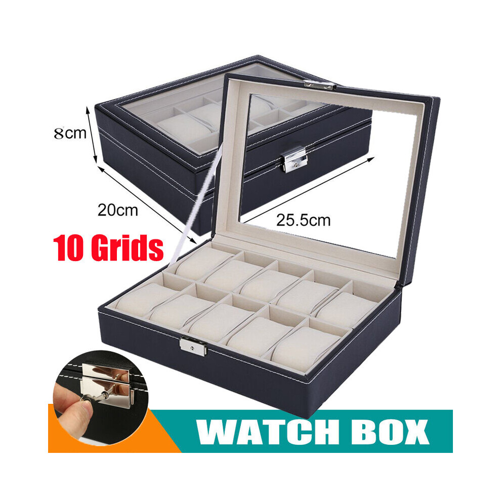10 Grids Leather Watch Case Jewelry Collection Storage Display Box Black