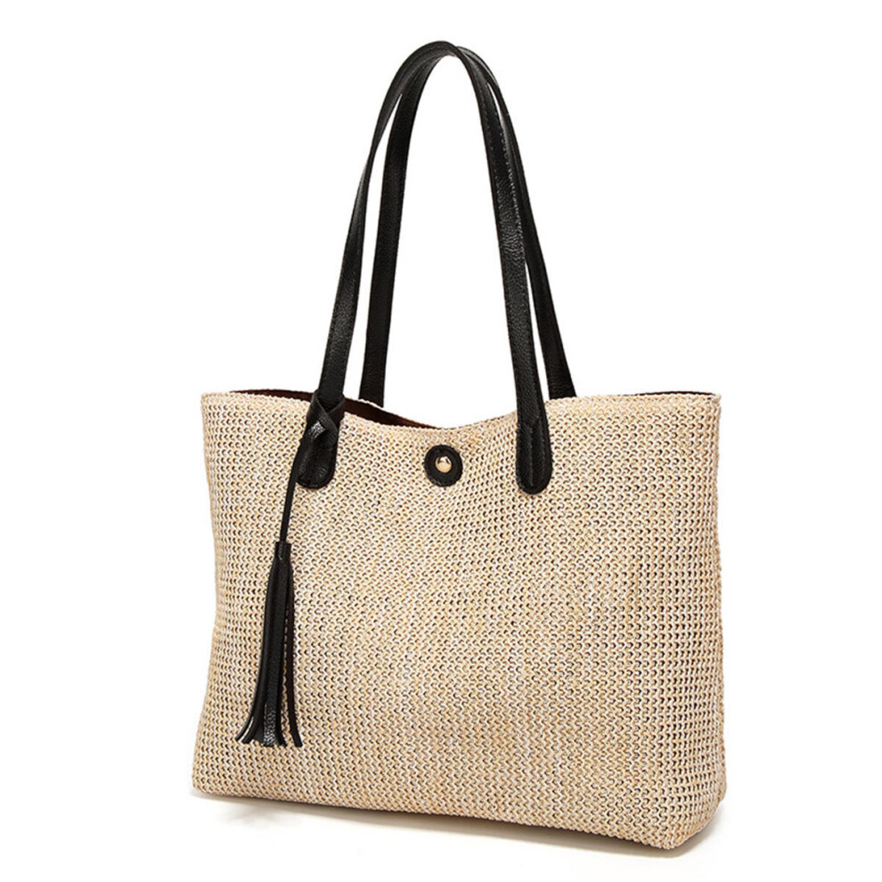 (Black) 11L Women Straw Tassel Handbag Beach Shoulder Bag Shopping Tote Bag Outdoor Travel