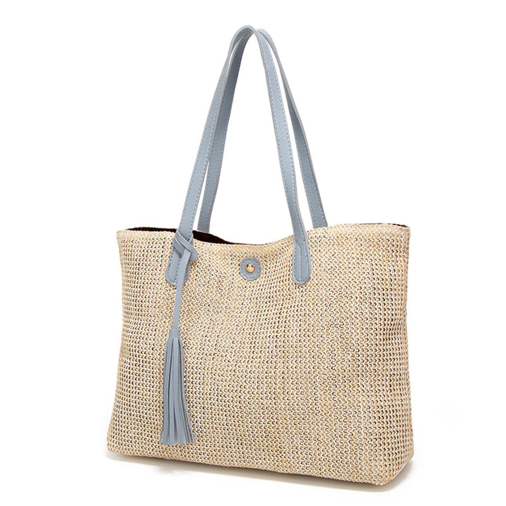 (Blue) 11L Women Straw Tassel Handbag Beach Shoulder Bag Shopping Tote Bag Outdoor Travel