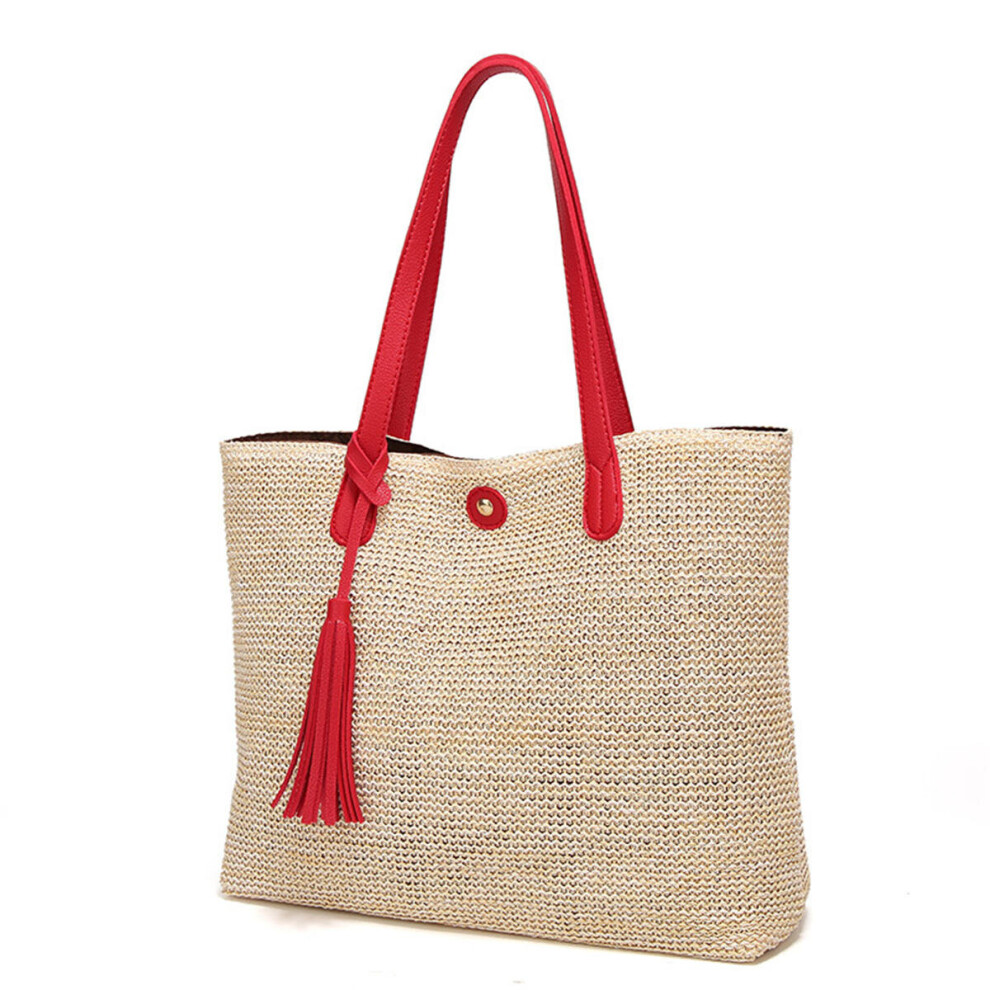 (Brown) 11L Women Straw Tassel Handbag Beach Shoulder Bag Shopping Tote Bag Outdoor Travel