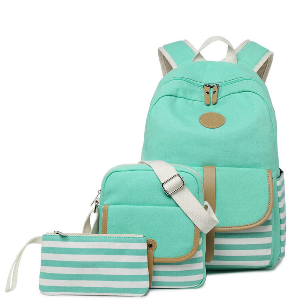 (Green) 3Pcs/Set Canvas Backpack Rucksack School Bag Waterproof Shoulder Bag Outdoor Travel