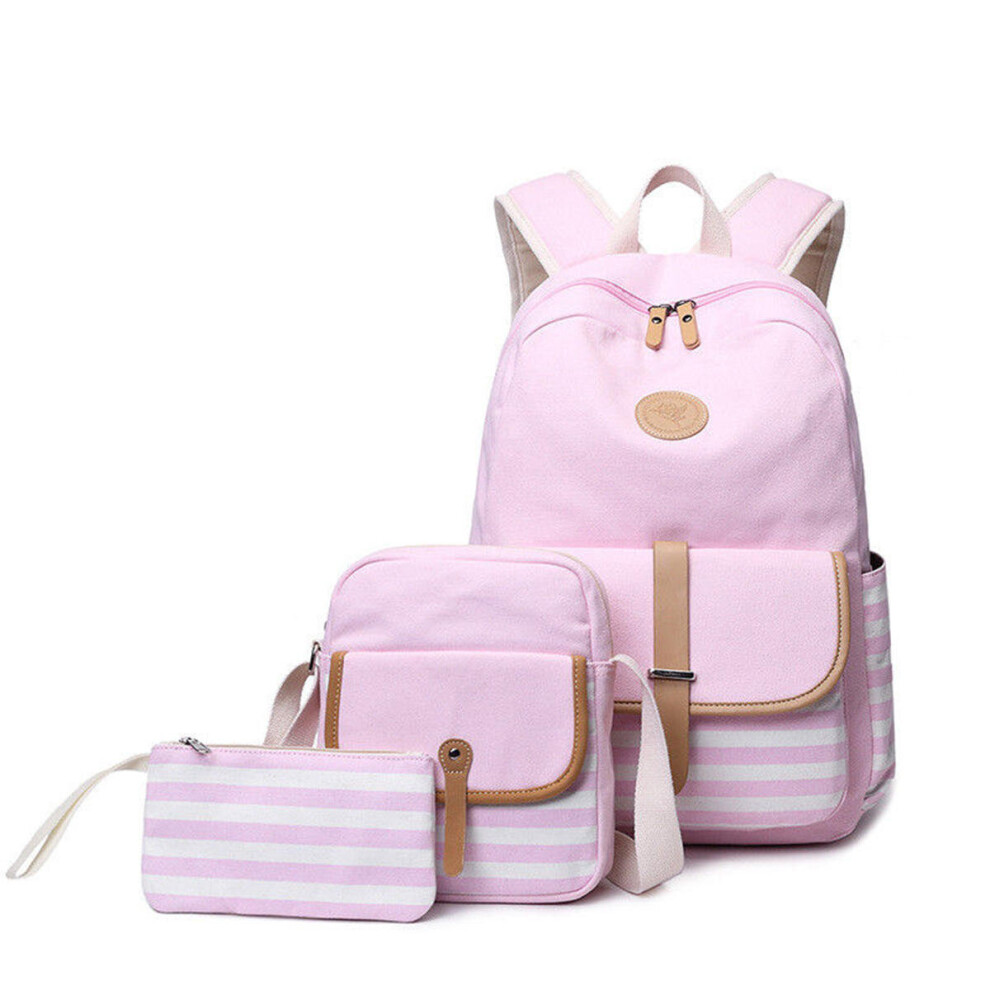 (Pink) 3Pcs/Set Canvas Backpack Rucksack School Bag Waterproof Shoulder Bag Outdoor Travel