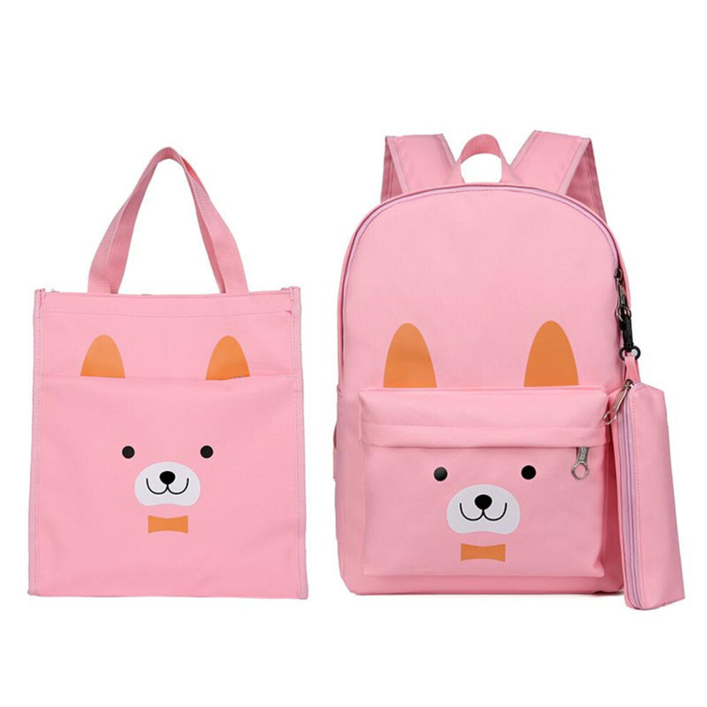 (Pink) 3 Pcs School Bag Sets Canvas Backpack Shoulder Bags Handbag Camping Travel Bag With Pencil Case