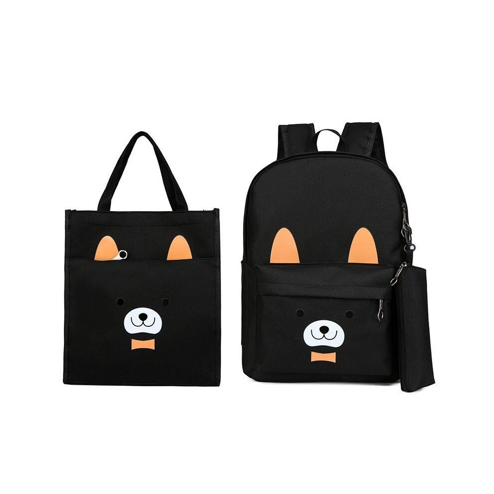 (Black) 3 Pcs School Bag Sets Canvas Backpack Shoulder Bags Handbag Camping Travel Bag With Pencil Case