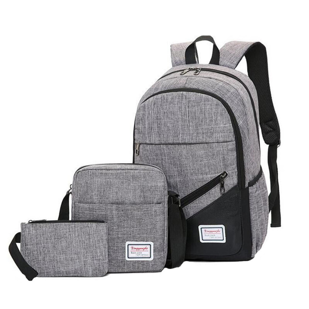 (Grey) 3 Pcs Backpack School Bag Laptop Bag Canvas Cross body Bags Camping Travel Handbag Pen Bag