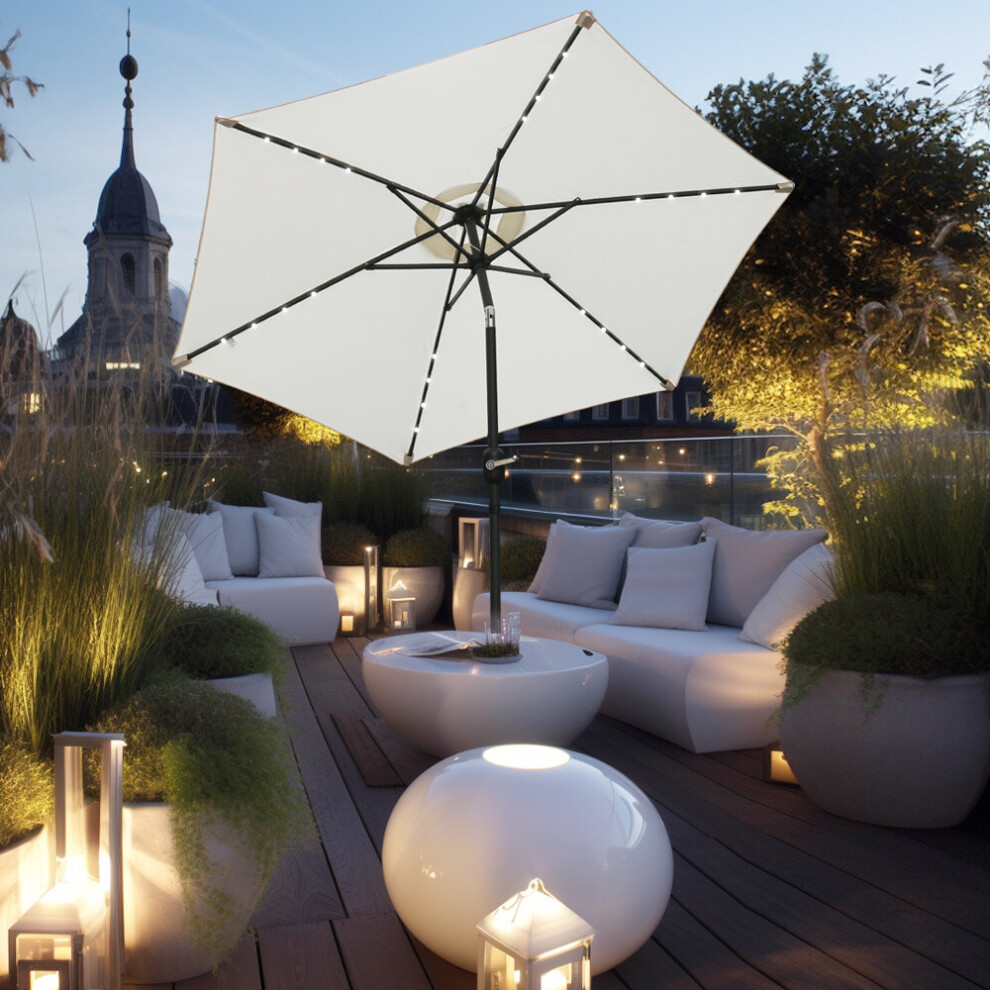 (2.5M, Cream) Green Bay Garden Parasol with Solar LED Lights and Crank Tilt Mechanism Patio Umbrella Outdoor Sun Shade Canopy UV Protection