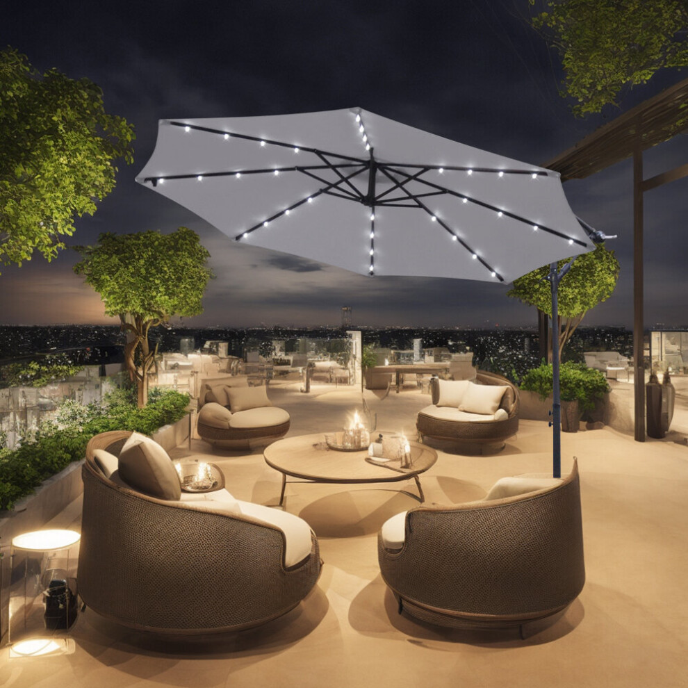 (Grey) Greenbay Garden Banana Parasol Solar LED Lights 3m Sun Shade Shelter Crank Hanging Rattan Cantilever Outdoor Umbrella