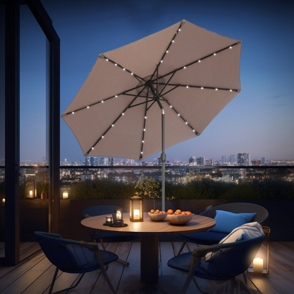 (2.7M, Taupe) Green Bay Garden Parasol with Solar LED Lights and Crank Tilt Mechanism Patio Umbrella Outdoor Sun Shade Canopy UV Protection