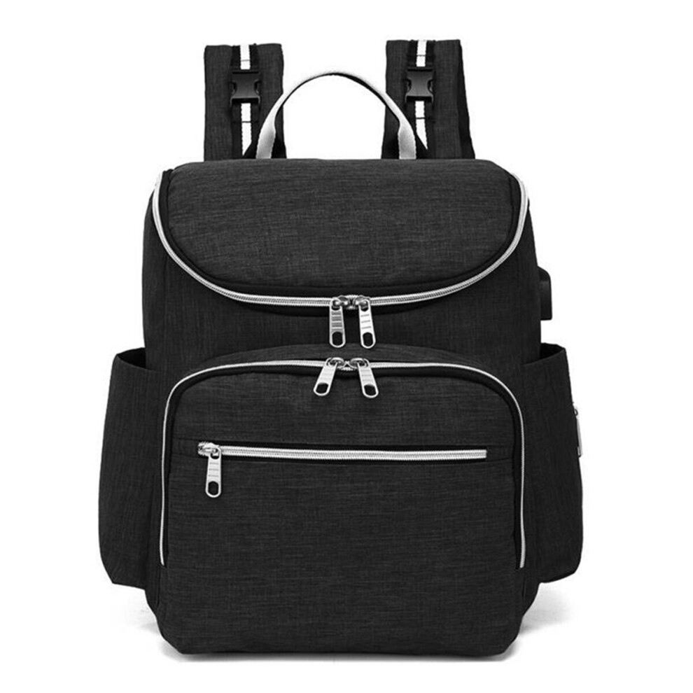 (Black) 20L Outdoor Travel USB Mummy Backpack Waterproof Multifunctional Baby Nappy Diapers Bag