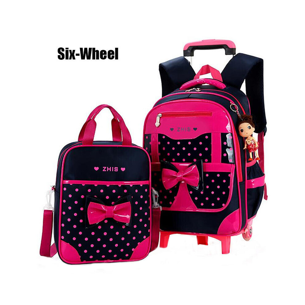 (Rose, Six-wheel) 25L 2Pcs Children Trolley Backpack Shoulder Bag Camping Trolley Case With Wheels