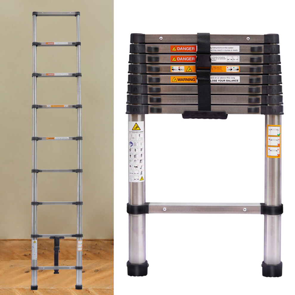 Telescoping Ladder 8.5 FT Compact Loft Ladder Steel Extension Foldable Step Ladder for Household Daily 330lbs Loading Capacity