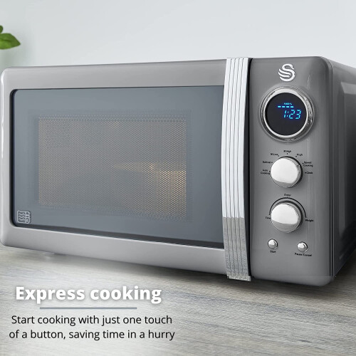 SWAN Retro Grey Dial Kettle 2 Slice Toaster Microwave & Storage Set on