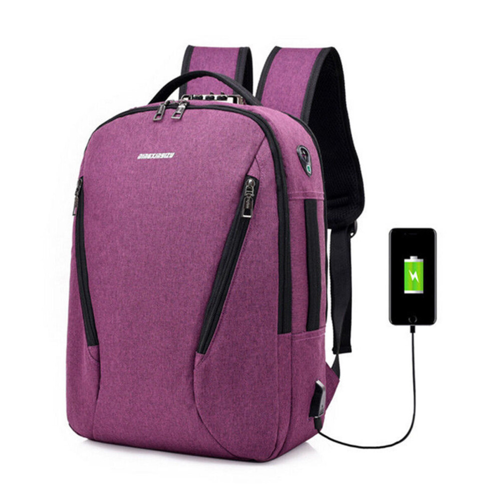 (Purple) 17L Anti-theft Men Women Laptop Notebook Backpack USB Charging Port Lock Travel School Bag