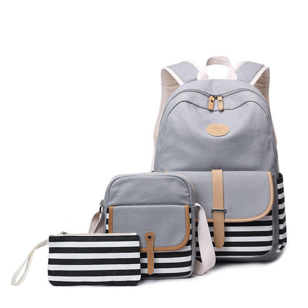 (Gray) 3Pcs/Set Canvas Backpack Rucksack School Bag Waterproof Shoulder Bag Outdoor Travel