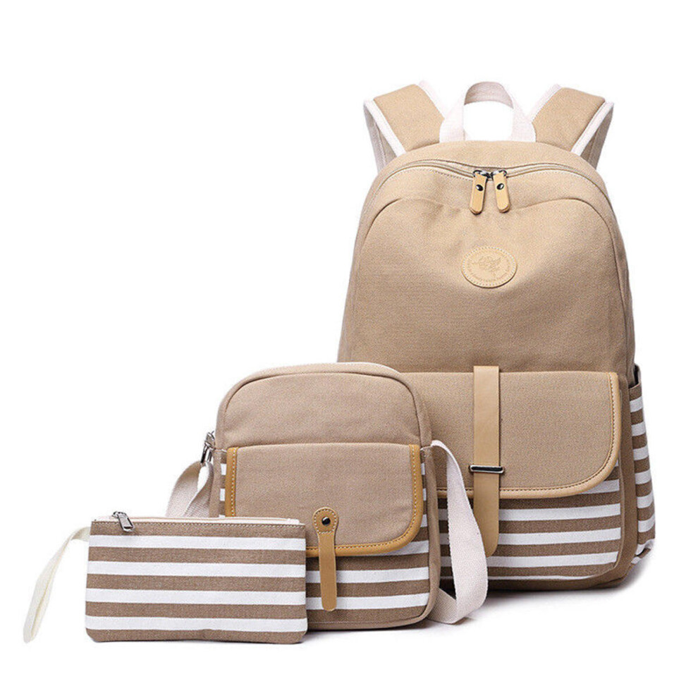 (Khaki) 3Pcs/Set Canvas Backpack Rucksack School Bag Waterproof Shoulder Bag Outdoor Travel