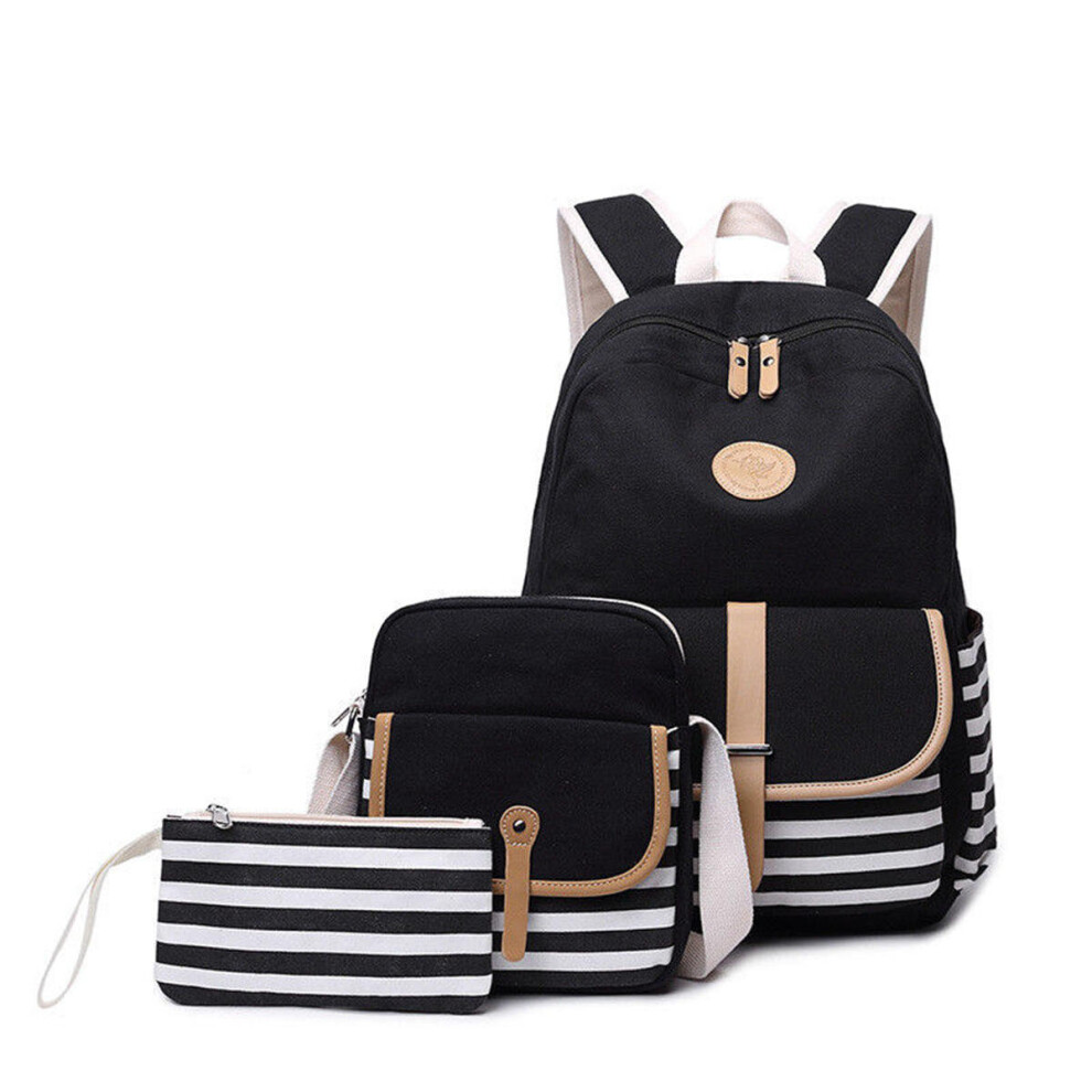 (Black) 3Pcs/Set Canvas Backpack Rucksack School Bag Waterproof Shoulder Bag Outdoor Travel