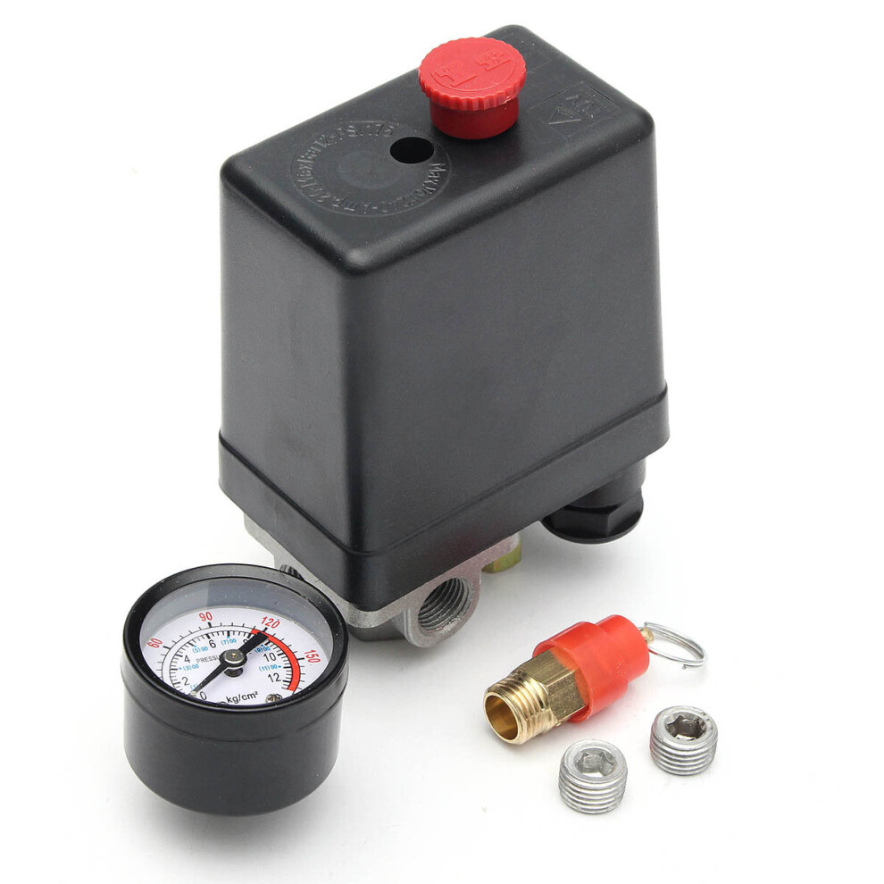 220V 1/4Inch Bsp 4 Port Single Phase Air Compressor Pressure Switch With Safety Valve Gauge 797698218731