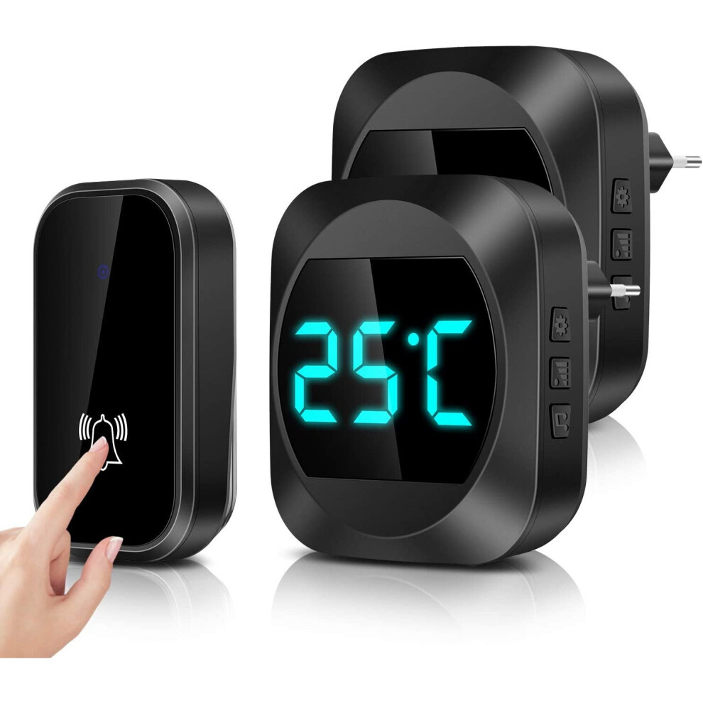 Wireless Doorbell with LED Temperature, Waterproof Door Bell Electronic Chime Kit with 2 Plug-in Receivers, 150M Range, 38 Melodies at 4 Volume Levels