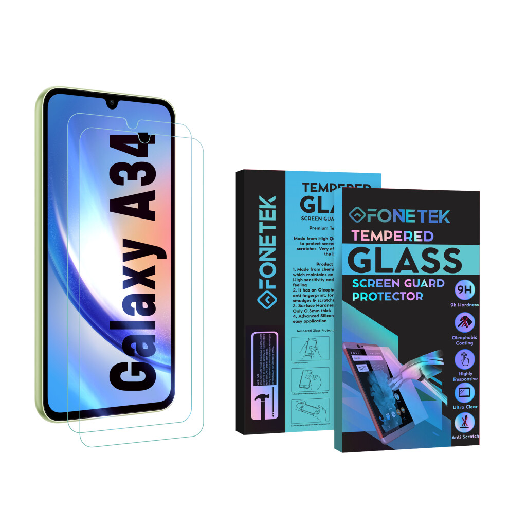 (2 PACK) Fonetek, For Samsung Galaxy A34, Screen Cover Protector Guard Tempered Glass