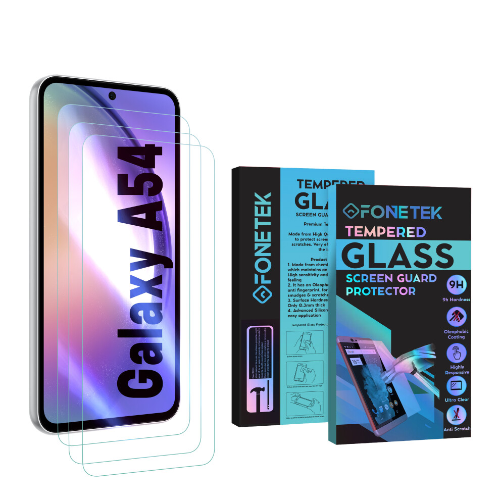 (3 PACK) Fonetek, For Samsung Galaxy A54, Screen Cover Protector Guard Tempered Glass