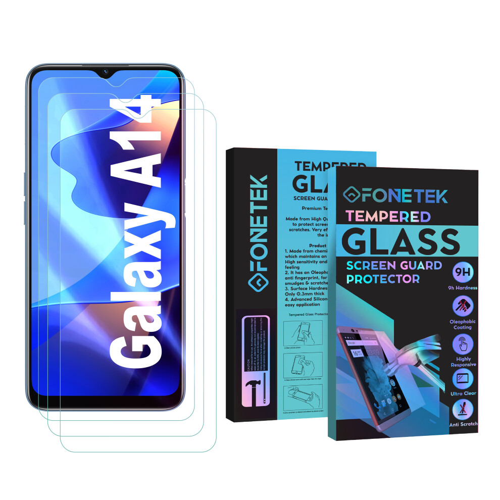 (3 PACK) Fonetek, For Samsung Galaxy A14, Screen Cover Protector Guard Tempered Glass