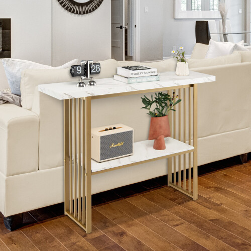 Costway 2-tier Console Table White Faux Marble Sofa Table  Narrow Couch Table 2