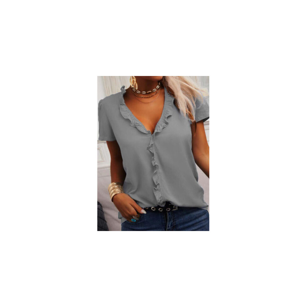 (Grey, Tag Size L=UK Size 10) Womens Short Sleeve Ruffle V Neck T Shirt Ladies Casual Loose Plain Tops Blouse