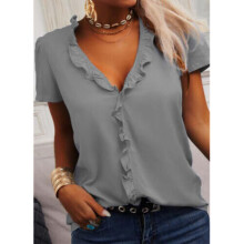 (Grey, Tag Size 4XL=UK Size 18) Womens Short Sleeve Ruffle V Neck T Shirt Ladies Casual Loose Plain Tops Blouse