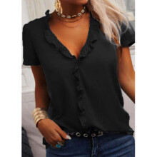 (Black, Tag Size XL=UK Size 12) Womens Short Sleeve Ruffle V Neck T Shirt Ladies Casual Loose Plain Tops Blouse
